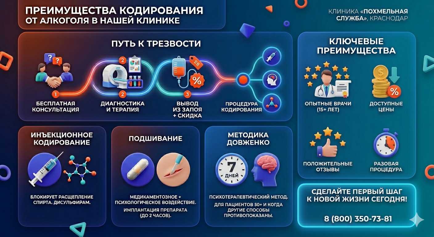 Инфографика о методах кодирования от алкоголя в Кодинске: инъекции, подшивание, метод Довженко. Преимущества клиники и этапы лечения.