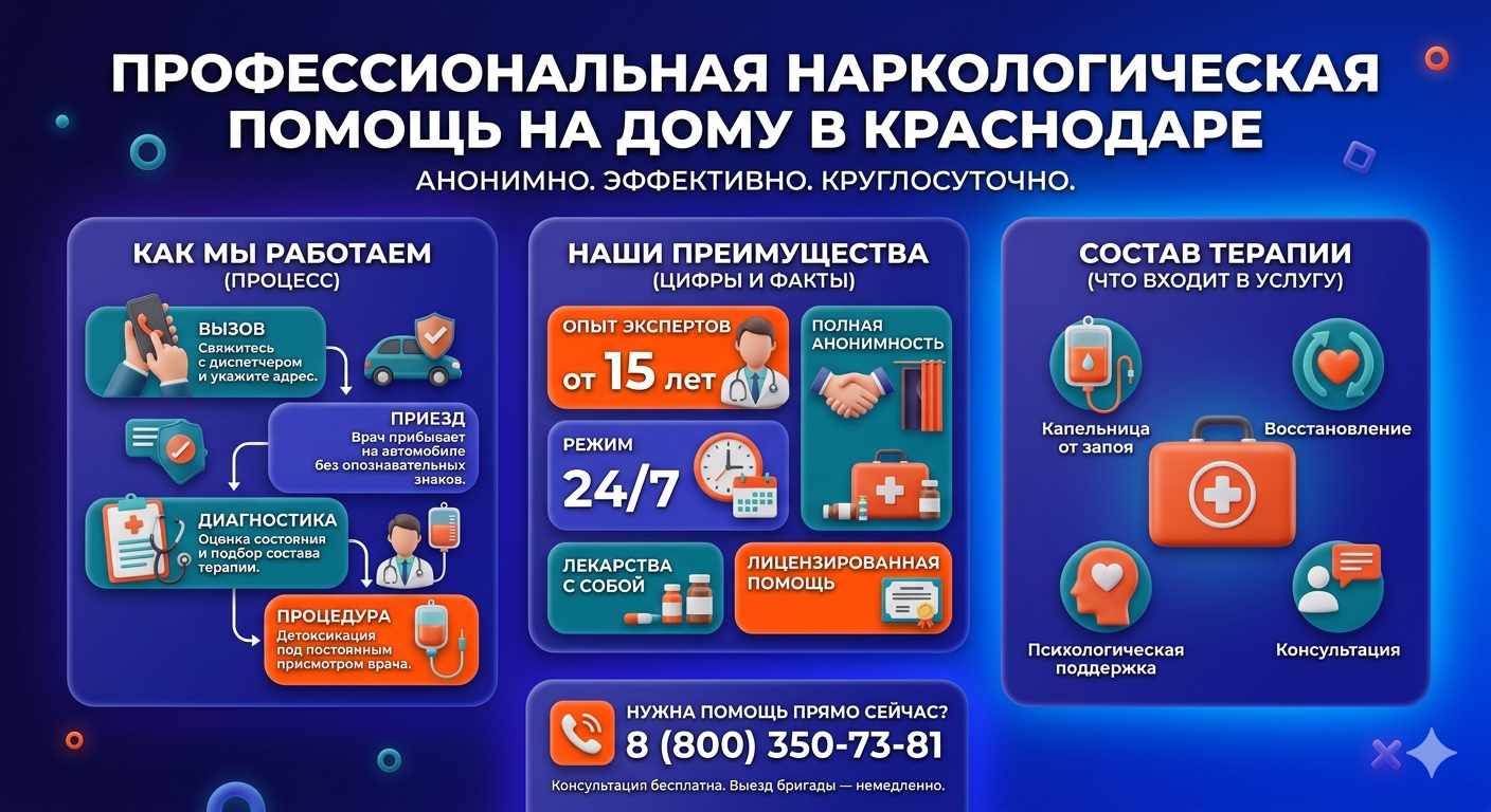 Инфографика о принципах лечения алкоголизма на дому в Кодинске: этапы вызова нарколога, преимущества анонимной детоксикации и состав медицинской помощи.